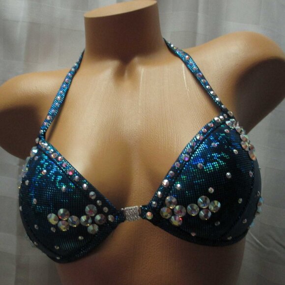 NPC competition FIGURE posing suit TEAL HOLOGRAM 32B CUP SMALL BOTTOM HANDMADE - Picture 2 of 4
